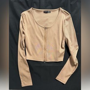 SHEIN Ribbed Scoop Neck Zipper Crop Top Tan Size M